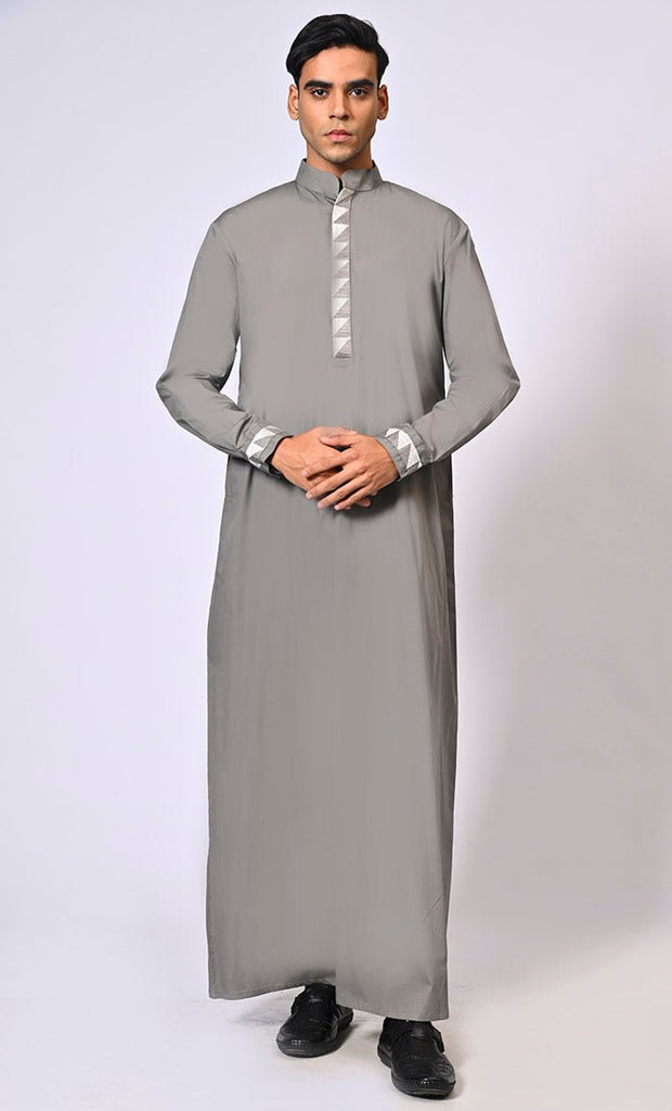 Men's Grey Thobe with Geometrical Embroidery detailing and Pockets - EastEssence.com
