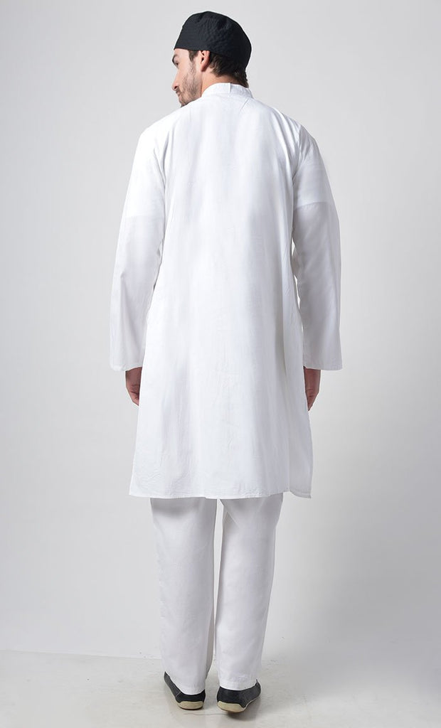 Mens Zipper Detail Yoke Cotton Tunic Set-White
