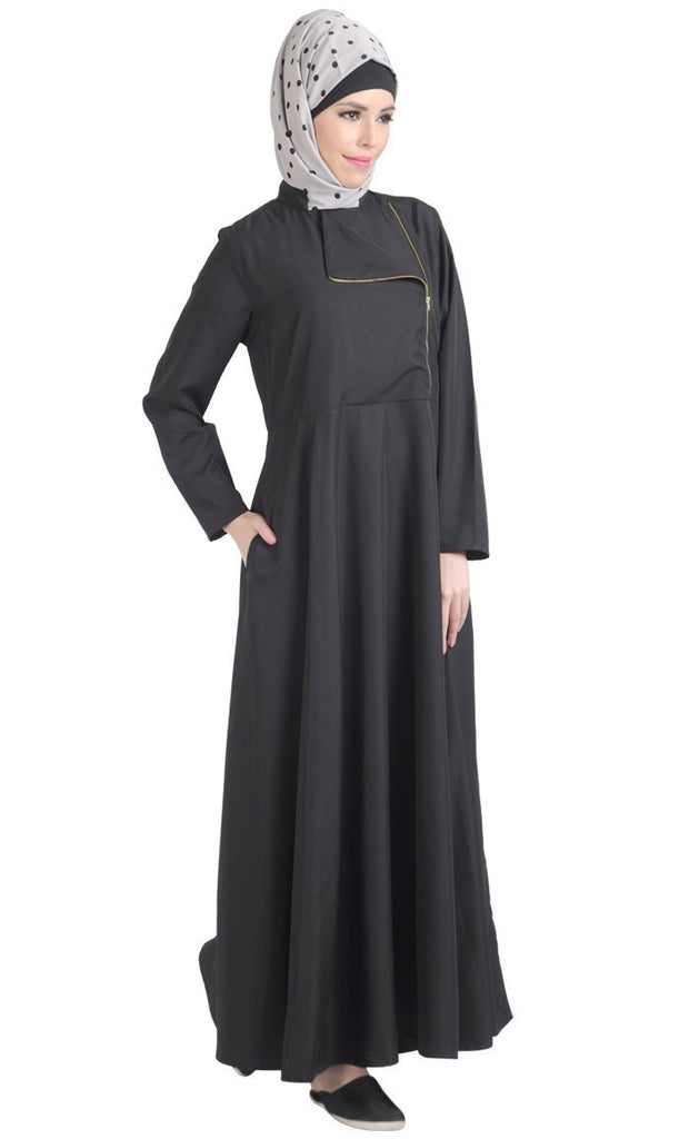 Metallic Flapover Zipper Detail Flared Abaya Dress - EastEssence.com