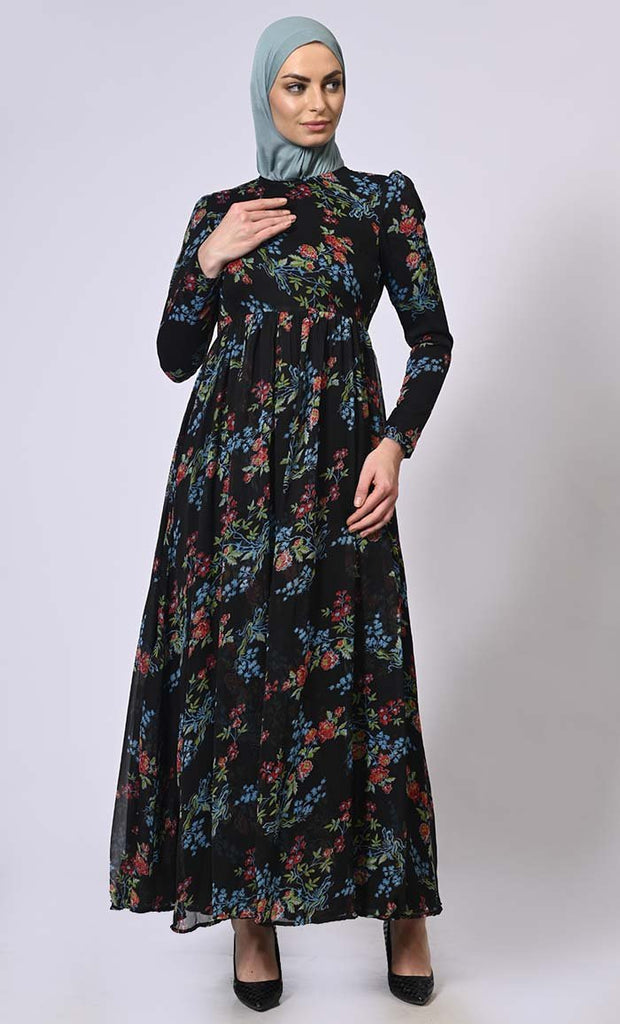 Midnight Blooms : Printed Abaya with Belt and Hijab - EastEssence.com