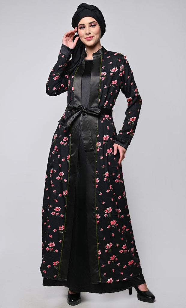 Modest Floral Printed Abaya With Black Satin - EastEssence.com