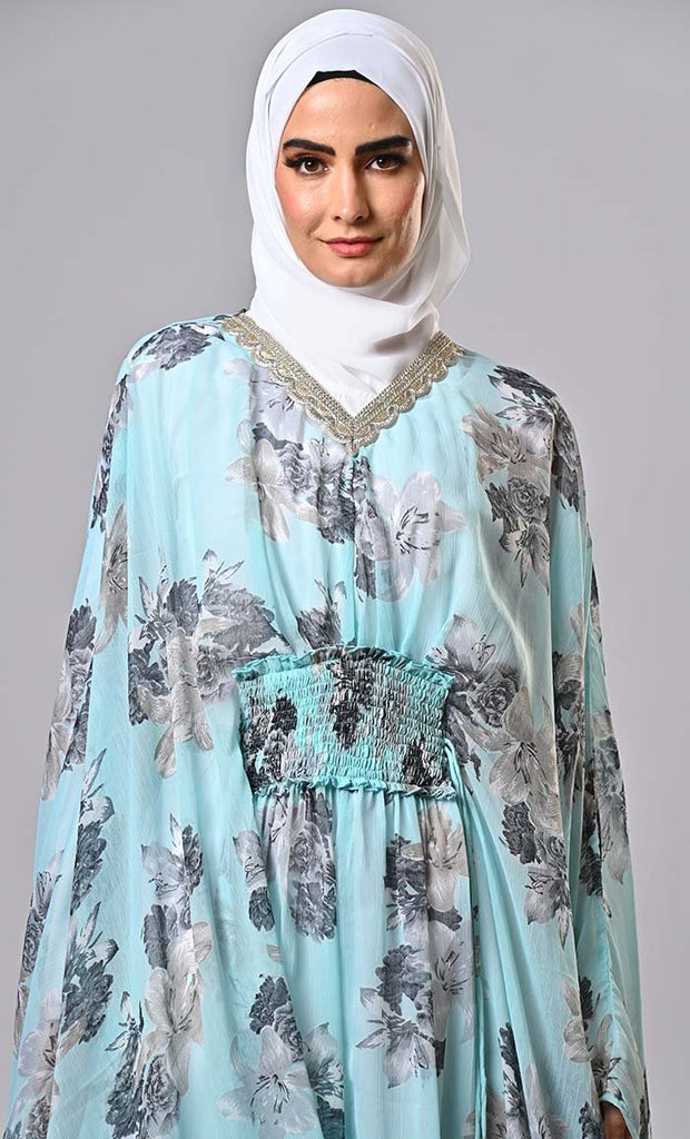Modest floral printed light weight kaftan abaya with lining and tassels - EastEssence.com