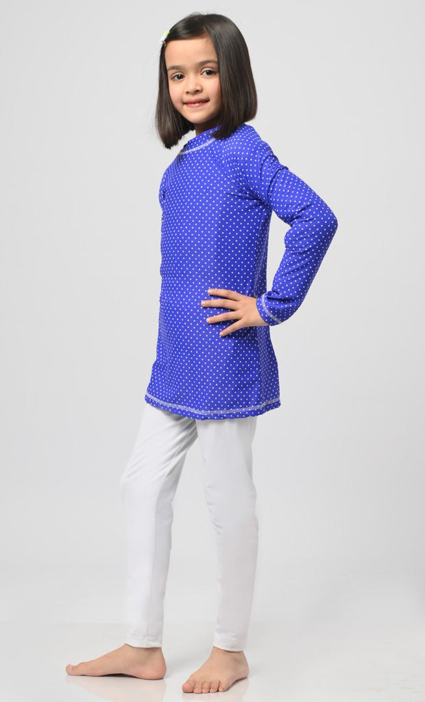 Modest Girl's Blue Polka Dot Printed Swimsuit - 2Pc Set - EastEssence.com
