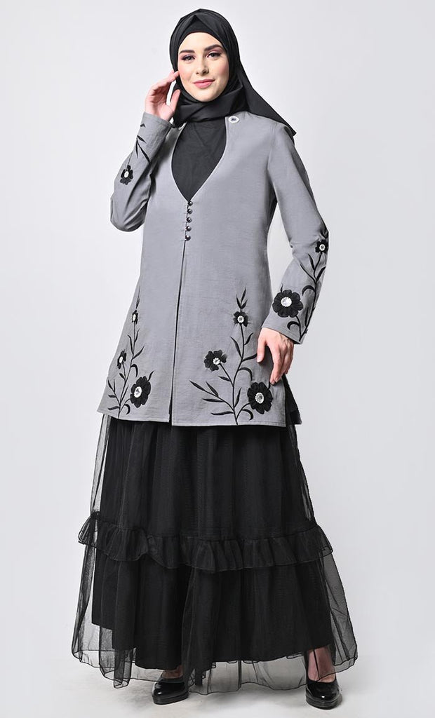 Modest Graceful 2Piece Floral Embroidered Jacket With Tiered Abaya - EastEssence.com