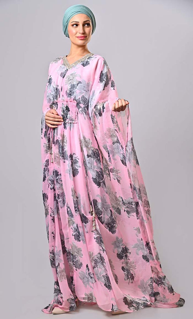 Modest pink floral printed kaftan abaya