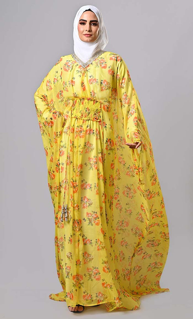 Modest yellow floral printed kaftan abaya with lining and tassels - EastEssence.com