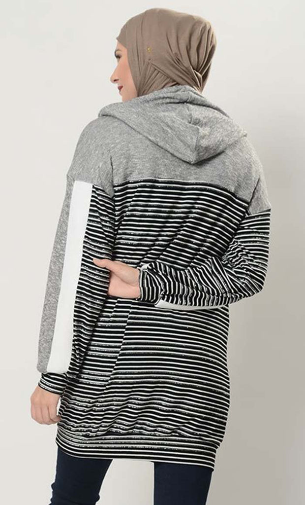 Monotone Striped Extra Long Hoodie T Shirt - EastEssence.com