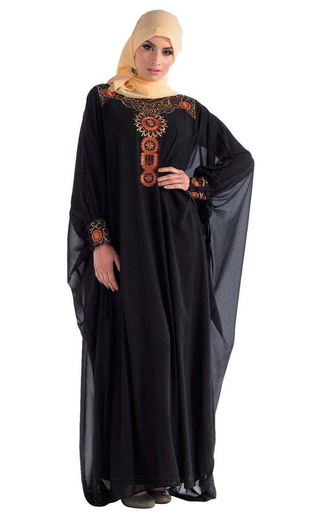 Neutral and earthly colors floral thread embroidered kaftan abaya dress - EastEssence.com