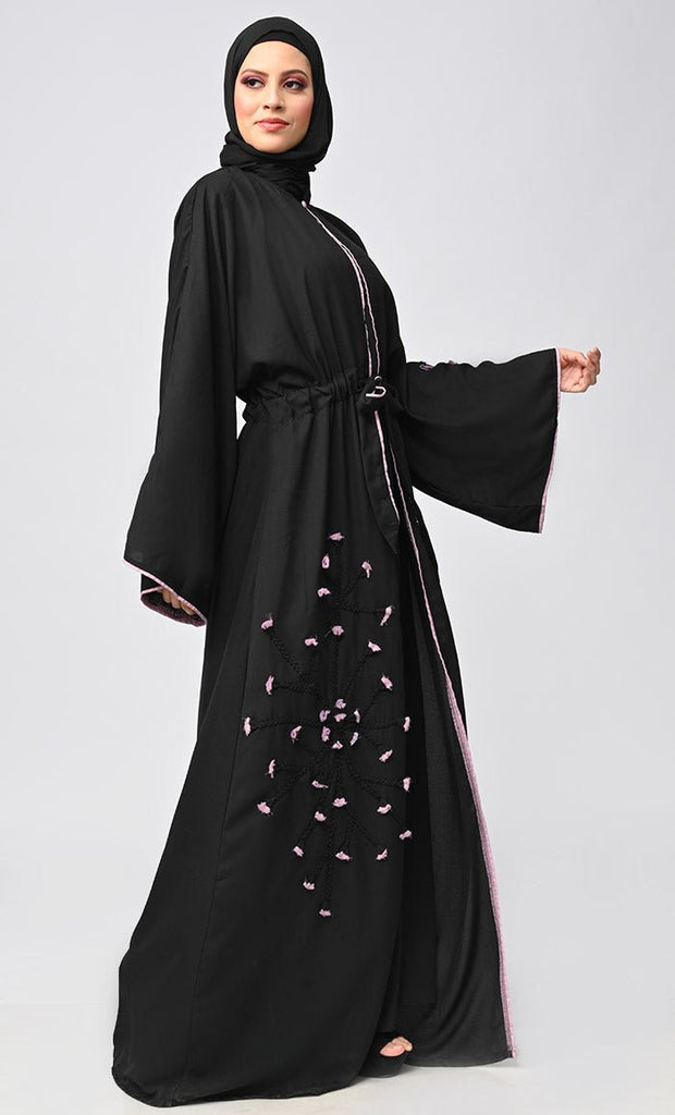 New Black Flower Braided Detailing Islamic Abaya With Matching Inner And Belt - EastEssence.com
