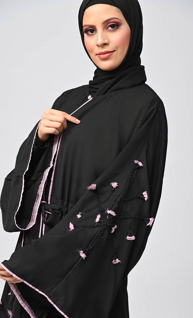 New Black Flower Braided Detailing Islamic Abaya With Matching Inner And Belt - EastEssence.com