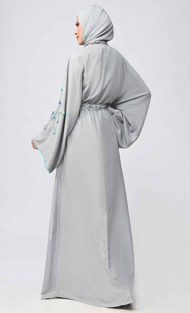 New Grey Flower Braided Detailing Islamic Abaya With Matching Inner And Belt - EastEssence.com