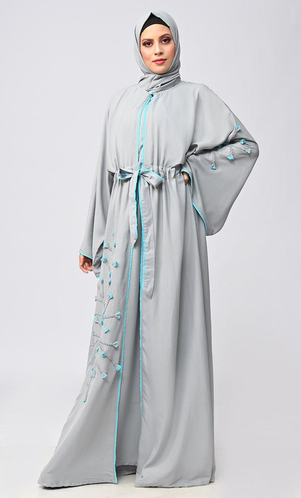 New Grey Flower Braided Detailing Islamic Abaya With Matching Inner And Belt - EastEssence.com
