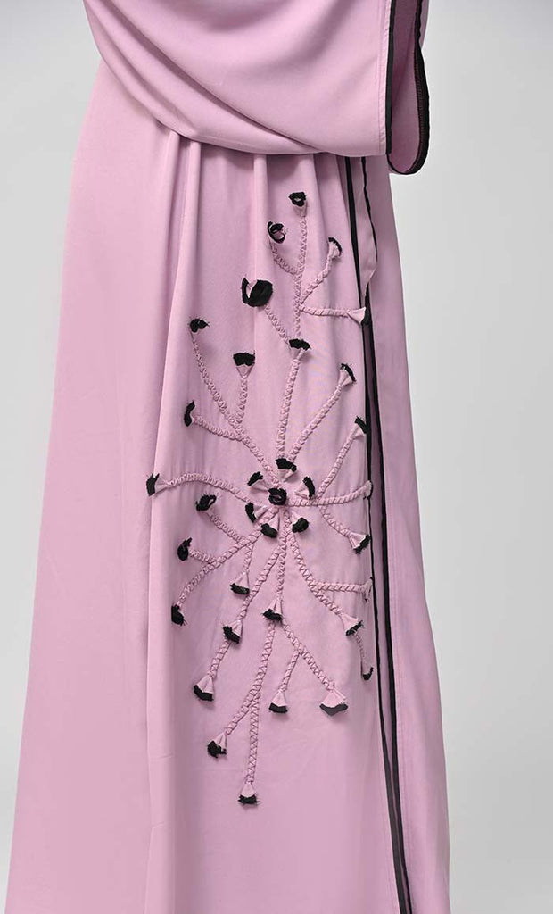 New Lavender Flower Braided Detailing Islamic Abaya With Matching Inner And Belt - EastEssence.com