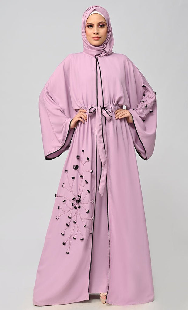 New Lavender Flower Braided Detailing Islamic Abaya With Matching Inner And Belt - EastEssence.com