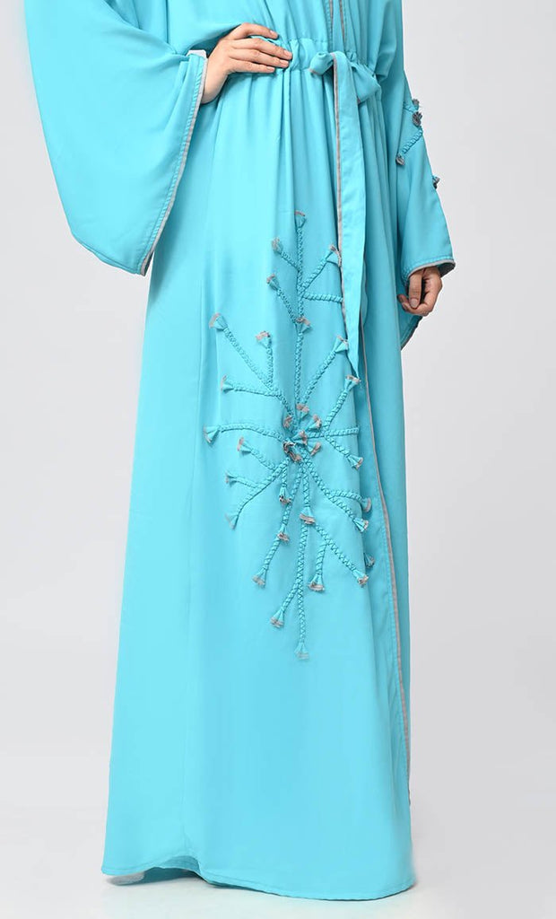 New Turquoise Flower Braided Detailing Islamic Abaya With Matching Inner And Belt - EastEssence.com