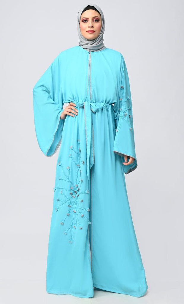 New Turquoise Flower Braided Detailing Islamic Abaya With Matching Inner And Belt - EastEssence.com