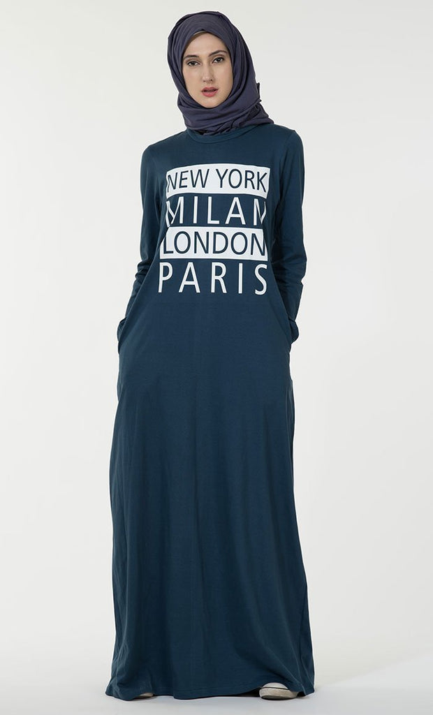 New York Milan London Paris text baisc everyday wear Abaya dress - EastEssence.com