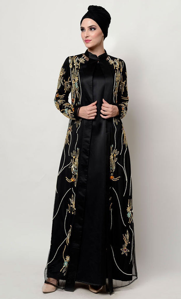 Ornate jeweled all over hand embellished Royal Abaya Dress - EastEssence.com