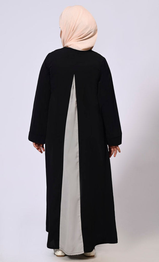 Pleated Perfection: Girl's Black Abaya with Box Pleats & Side Pockets - EastEssence.com