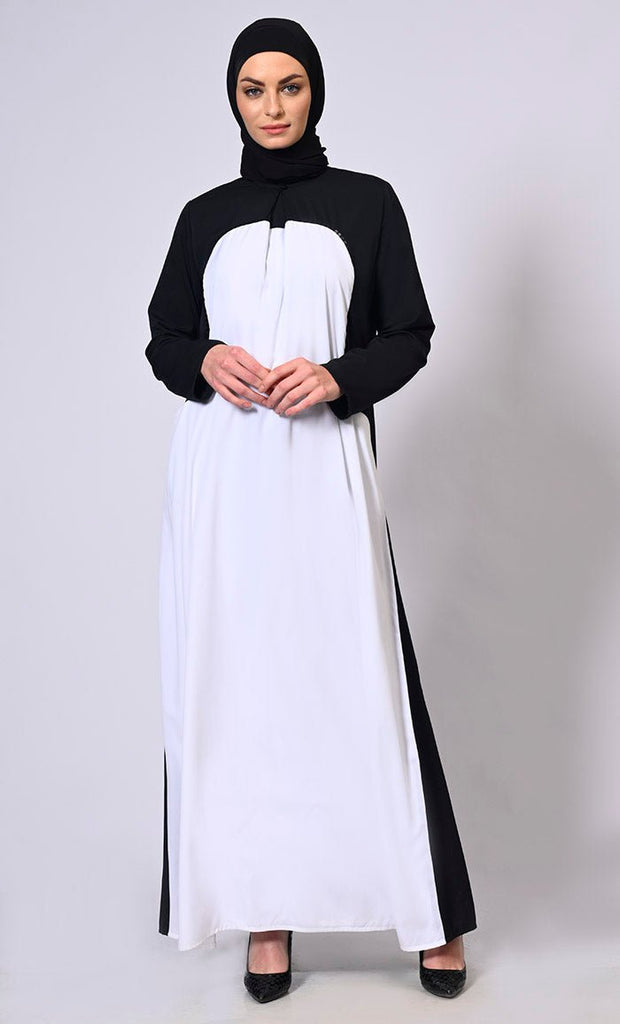 Refined Modesty: White Abaya with Inverted Box Pleat and Contrasting Yoke Panel - EastEssence.com