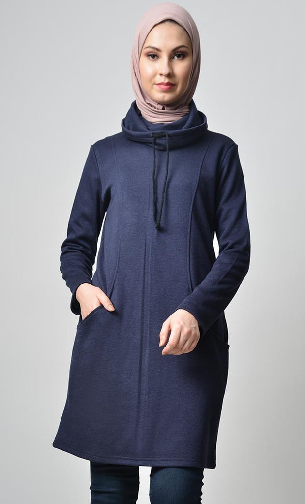 Rolled Up Collar Hoodie-Navy - EastEssence.com