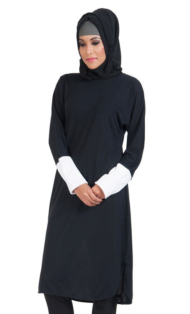 Round Neckline And Contrast Color Cuffed Sleeves Tunic - EastEssence.com