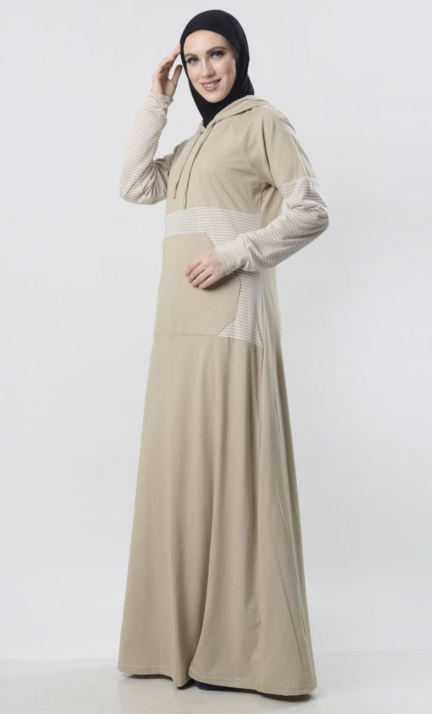 Sand Hooded Abaya With Front Pocket - EastEssence.com