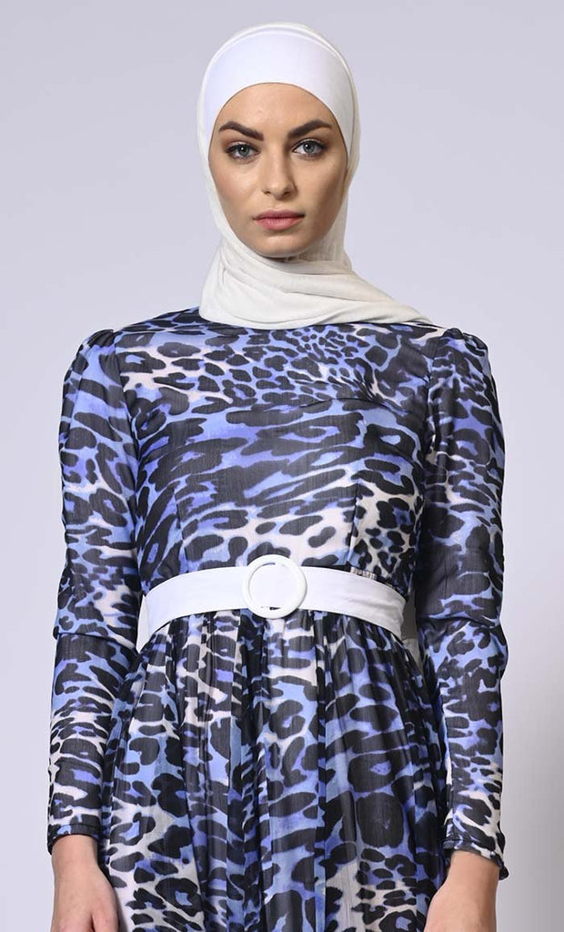 Leopard Printed Abaya with Belt and Hijab