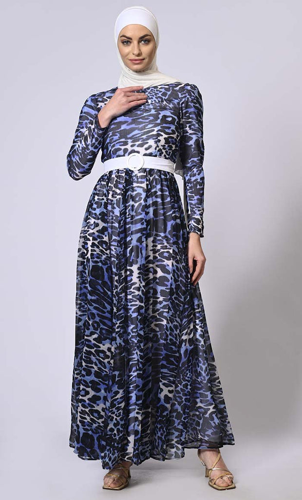 Sapphire Safari: Leopard Printed Abaya with Belt and Hijab - EastEssence.com