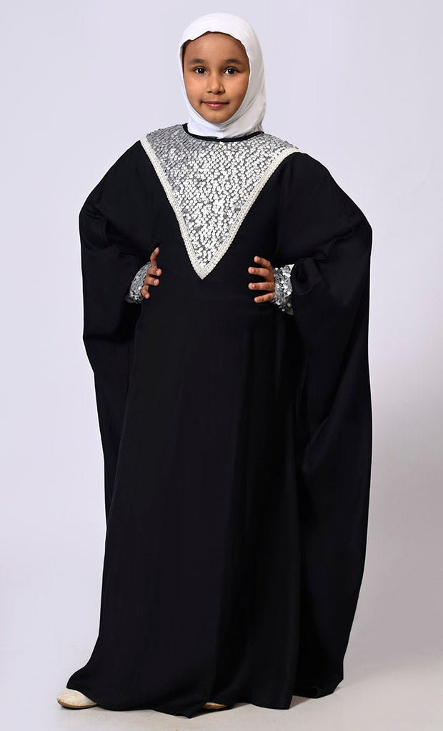 Sequin Sparkle: Stylish Girl's Black Rayon Kaftan With Sequin detailings - EastEssence.com