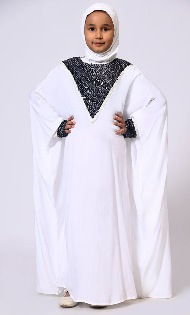 Sequin Sparkle: Stylish Girl's White Kaftan With Sequin Accents - EastEssence.com