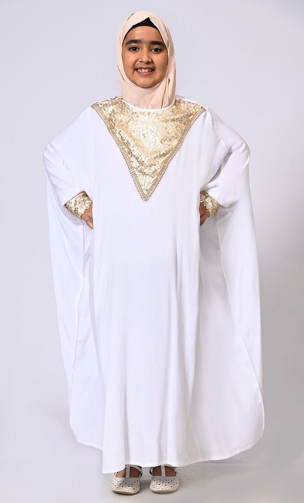 Sequin Sparkle: Stylish Girl's White Kaftan With Sequin detailings - EastEssence.com