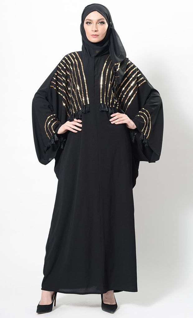 Sequins Embroidered And Thread Fringes Abaya Dress And Hijab Set - EastEssence.com