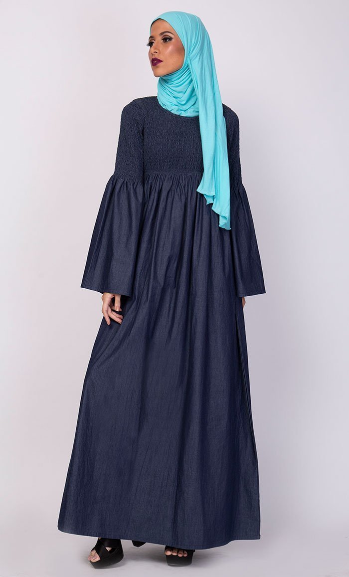 Smocking Bodice And Bell Sleeves Abaya Dress