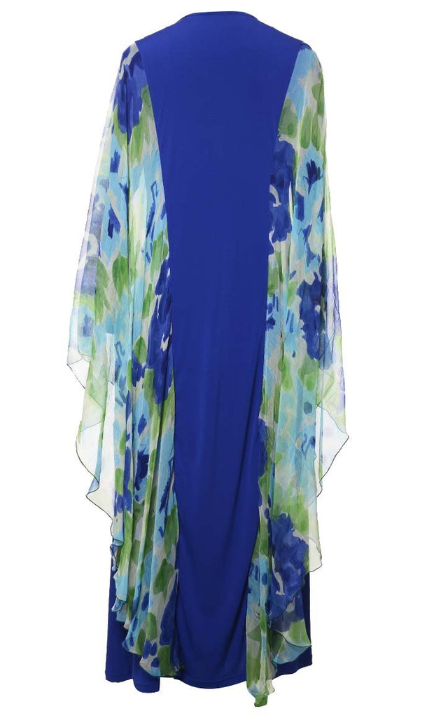 Soft And Comfortable Thl Blue Abaya With Printed Chiffon Bat Wings Detailing - EastEssence.com