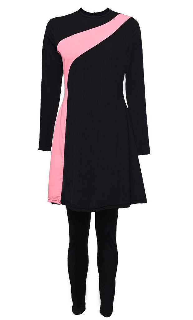 Solid Swimwear Black With Pink Stripe Burkini Set Of Top Bottom-Final Sale - EastEssence.com