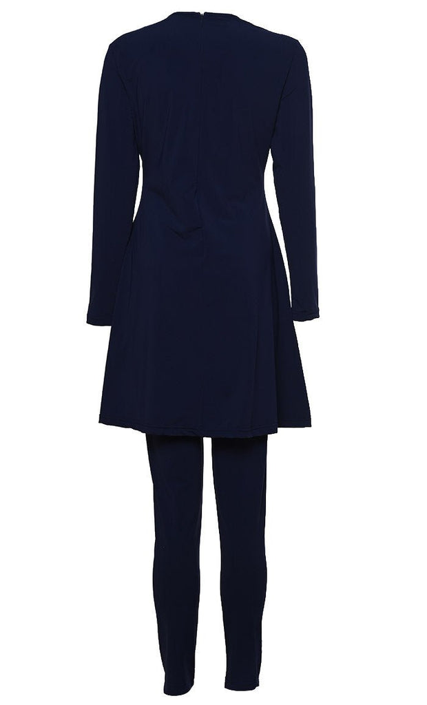 Solid Swimwear Navy With Bright Blue Stripe Burkini Set Of Top Bottom And Cap - EastEssence.com