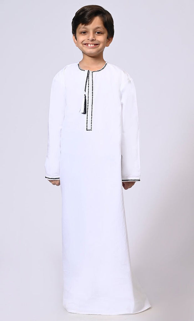 Sophisticated Boy's White Thobe: Front Zip Tassels and Dotted Embroidery Detailing - EastEssence.com