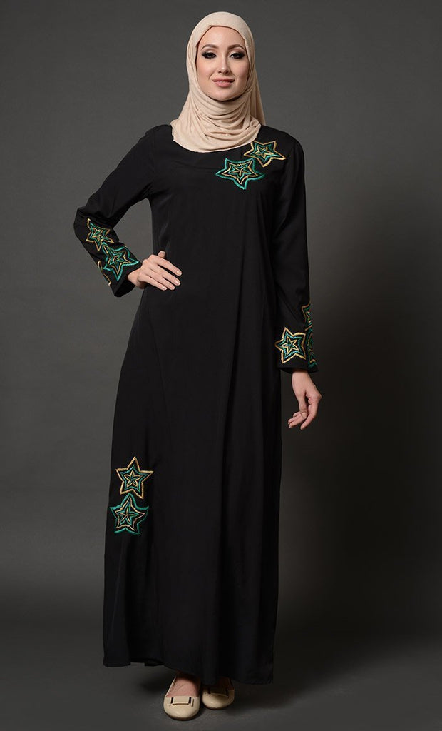 Star Embroidered Motifs Arabian Abaya Dress - EastEssence.com