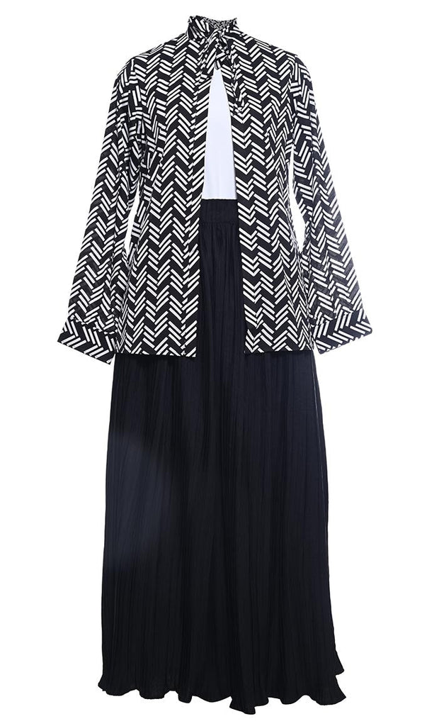 Stunning 3Pc Set Black Pleated Skirt, White Top With Printed Shrug - EastEssence.com