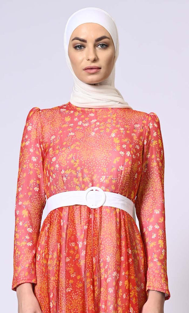 Women's Printed Abaya with Belt and Hijab