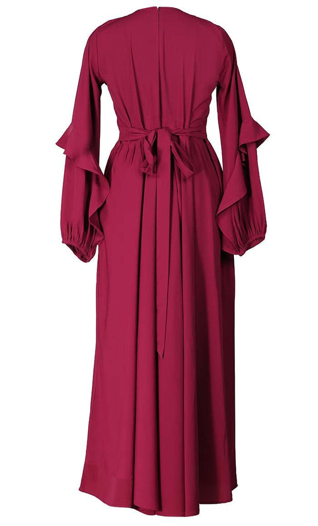 Super Maroon Ruffel Detailing Abaya With Pockets - EastEssence.com