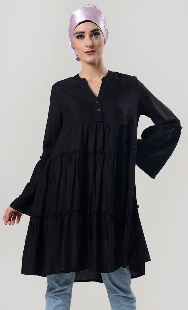 Tiered Black Everyday Wear Soft, Breathable Cool Tunic - EastEssence.com