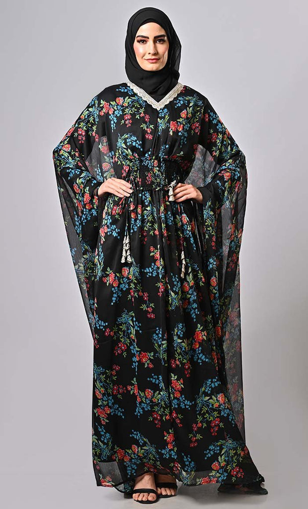 Versatile floral printed kaftan abaya with lining and tassels - EastEssence.com