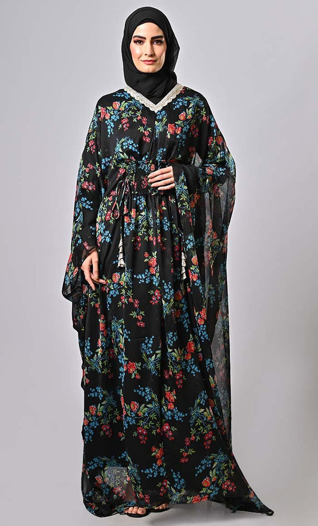 Versatile floral printed kaftan abaya