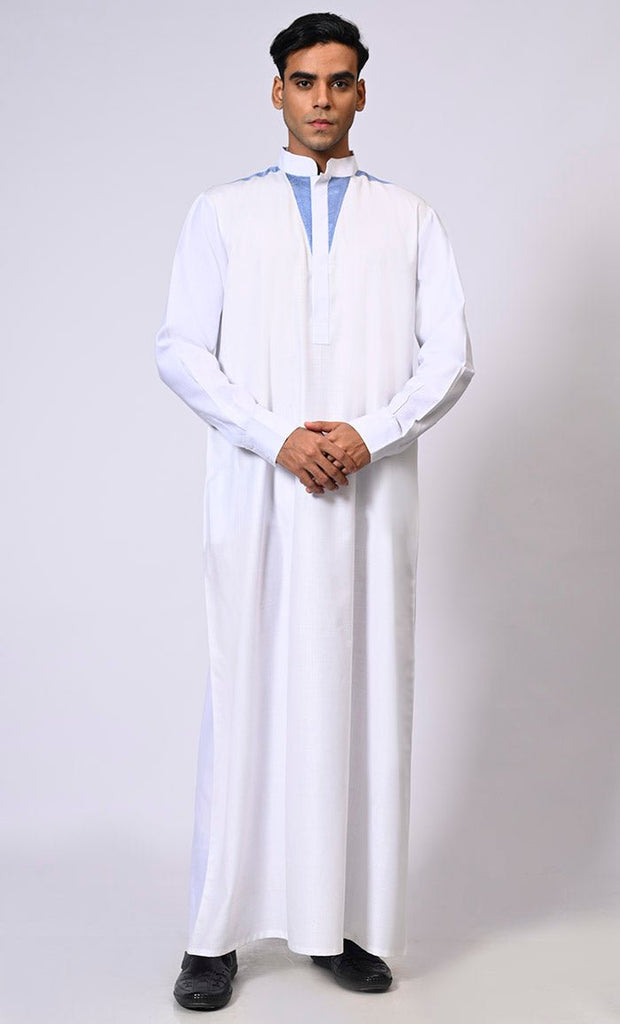 White Men's Thobe with Satin Stitch Embroidery and Pockets - EastEssence.com