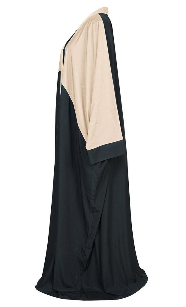 Women's Bisht Style Detailing Black And Sand Crepe Abaya With Pockets - EastEssence.com