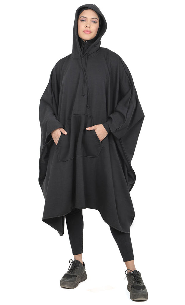 Women's Black Kaftan Style Warm Fleece Hooded Tunic With Pockets - EastEssence.com