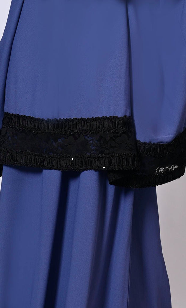 Women's Blue Niqab and Abaya Set with Stylish Lace Detailing - EastEssence.com