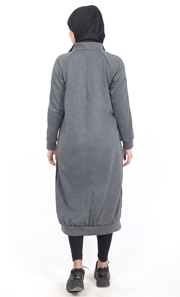 Women's Dark Grey Fleece Long Tunic With Side Contrasted Panel And Pockets - EastEssence.com